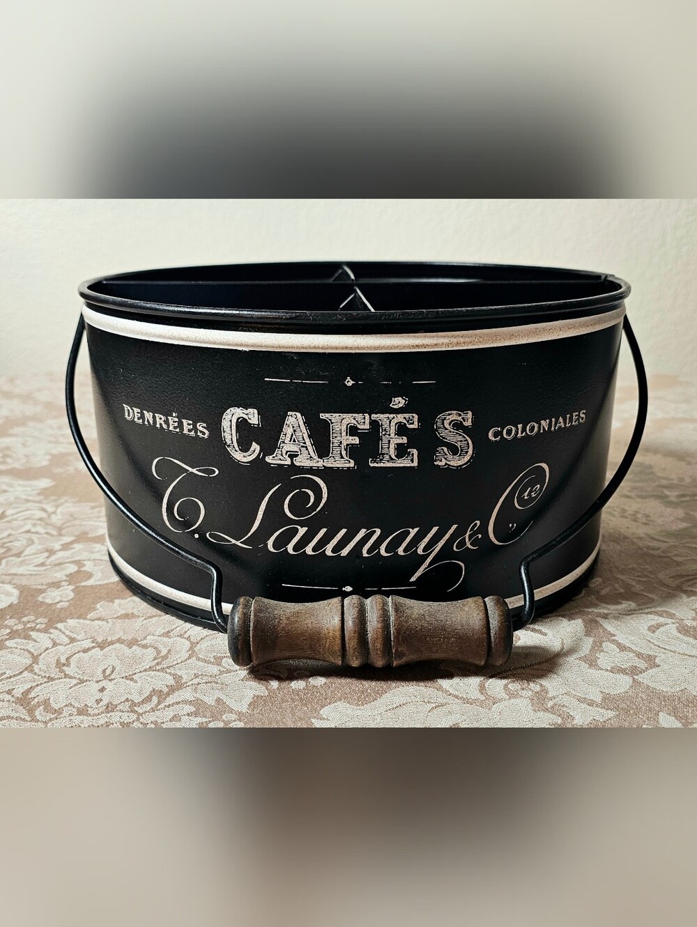 Vintage French Country Black Metal Utility Caddy Organizer Bucket Wooden Handle